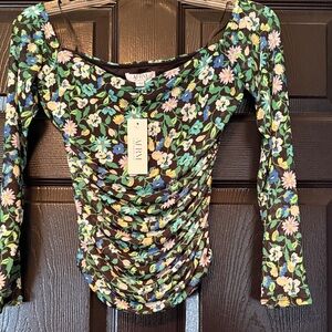 AFRM Black Floral Ruched Long-Sleeve Scoop Neck Top